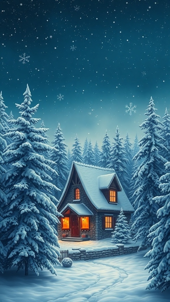 Christmas Landscape Background Images A cozy cottage in a snowy landscape with twinkling lights, surrounded by trees under a starry sky.